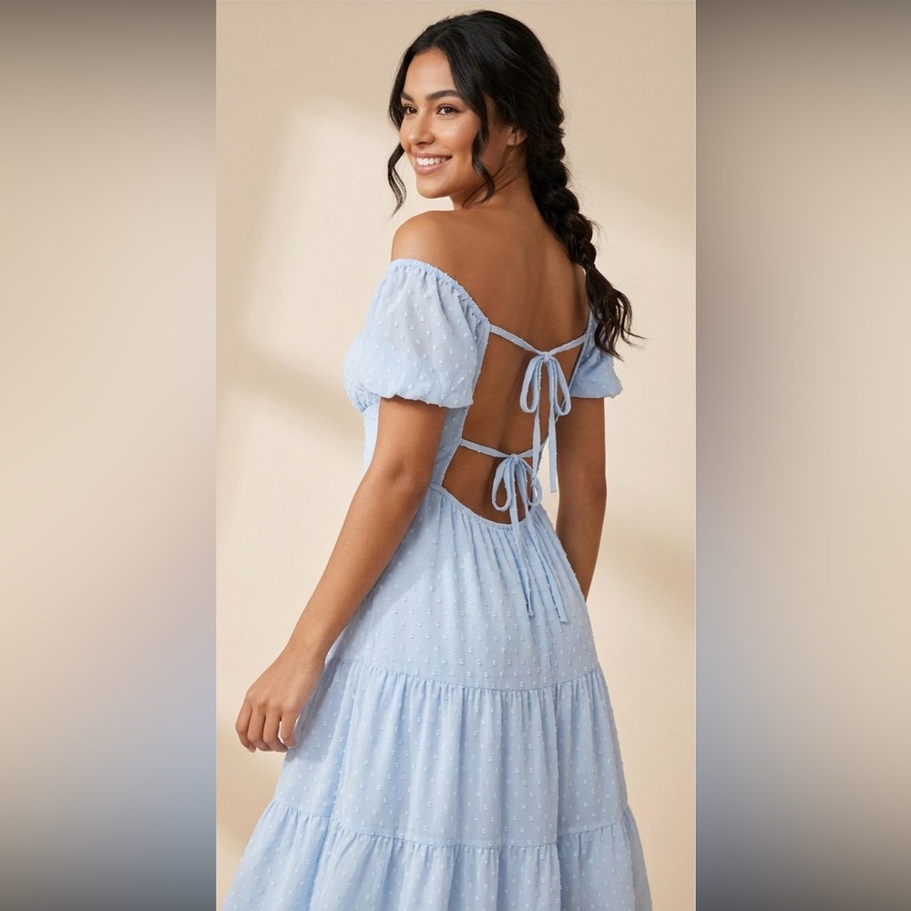 SHEIN Light Blue Midi Dress with Puff Sleeves